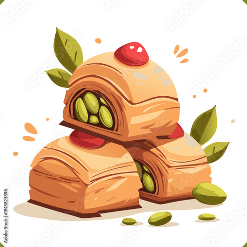 Vector illustration of pistachio baklava pieces with nuts, sweet dessert isolated on a white background