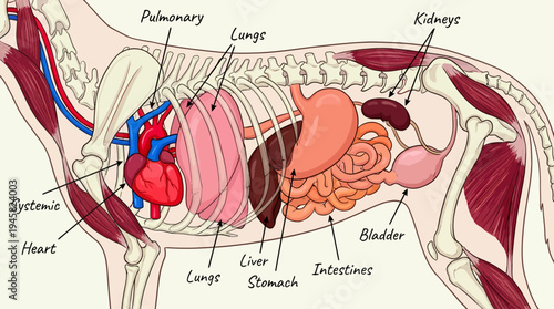 Detailed Dog Anatomy Diagram showing Internal Organs, Skeletal System, and Muscles for Veterinary Education