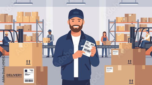 Professional Warehouse Manager Holding Barcode Label in Large Distribution Center with Forklifts and Cardboard Boxes for E-commerce Logistics Concept