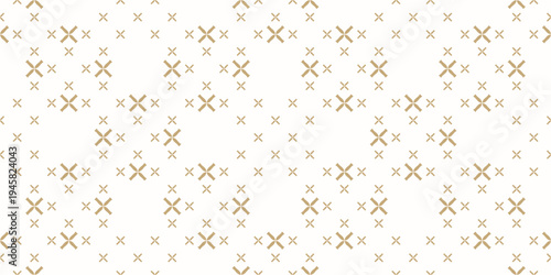 Vector geometric seamless pattern with small golden flowers, crosses. Elegant minimalist texture. Abstract minimal background texture. Simple gold and white repeated organic design for decor, package