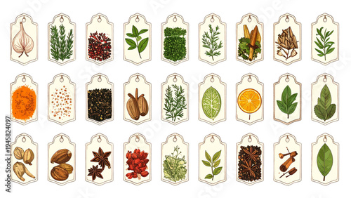 Vintage-Style Spice Label Flat Vector Collection Featuring Hand-Drawn Garlic, Mint, Oregano, Cloves, Nutmeg, Dill, Anise and Bay Leaf