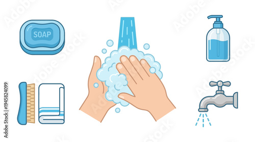 Set of Hand Washing and Personal Hygiene Vector Icons Including Soap, Faucet, Towel, and Bubbles for Health and Sanitation