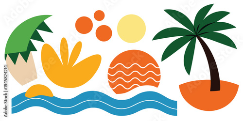 Modern artistic landscape with abstract sun and palm tree shapes for creative summer posters