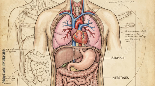 Vintage Anatomical Illustration of Human Internal Organs in a Renaissance Sketch Style on Parchment Paper