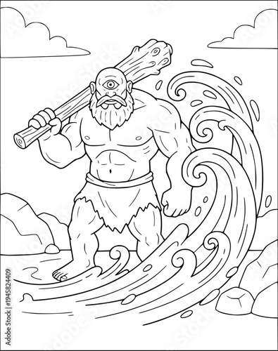  Mythology cyclops with a wooden club and one eye on a rocky ocean beach