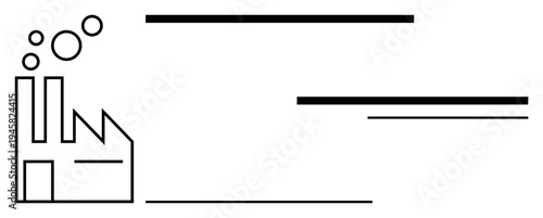 Factory silhouette with emission bubbles beside geometric lines suggesting manufacturing, industrial systems, and processes. Ideal for engineering, production, workflow, logistics, pollution