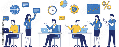 Cartoon business people working in office with laptops, charts, and teamwork icons symbolizing productivity and collaboration