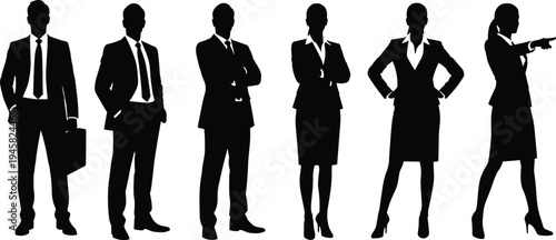 Cartoon business silhouettes of confident men and women in suits symbolizing professionalism, leadership, and corporate success design