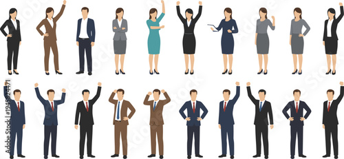 Cartoon business professionals men and women in formal attire symbolizing confidence, empowerment, and workplace diversity design