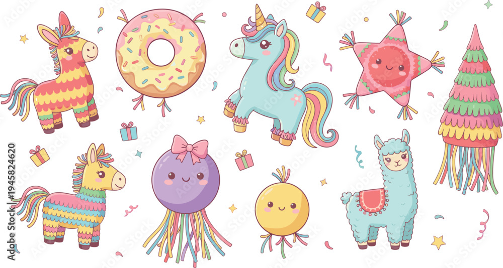 Naklejka premium Cartoon colorful piñatas with animals, stars, donuts, and festive confetti symbolizing birthday celebration and party design