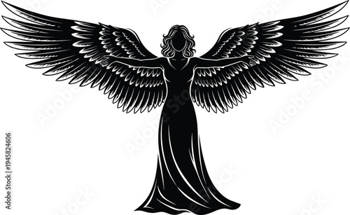 Elegant angel silhouette with large detailed wings vector illustration, mystical female guardian angel figure isolated on light background, spiritual symbol for faith, heaven, and protection