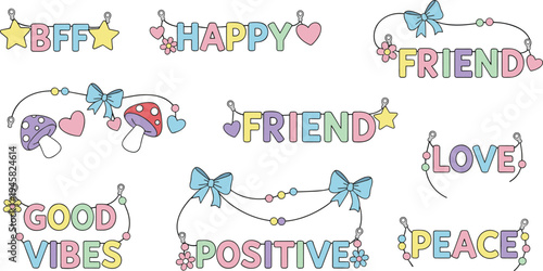 Cartoon colorful word charms with stars, hearts, bows, and beads symbolizing friendship, positivity, and happiness design