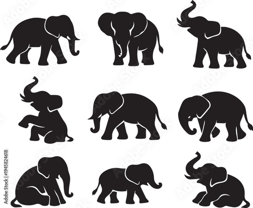 Φωτογραφία Nine distinctive silhouettes of elephants in various poses and stances Vector