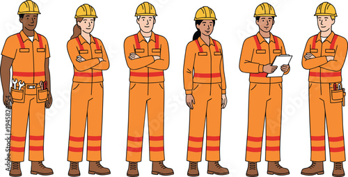 Cartoon construction workers in orange safety uniforms with helmets and tools symbolizing teamwork, engineering, and industrial design