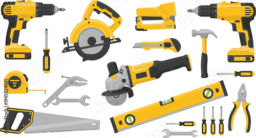 Cartoon construction tools including drills, saws, hammers, and wrenches symbolizing carpentry, repair, and maintenance design