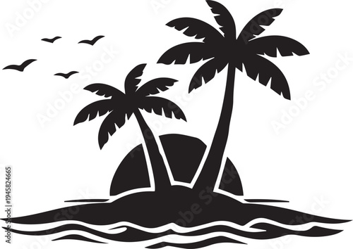 Tranquil tropical island with two towering palm trees and gentle waves Vector