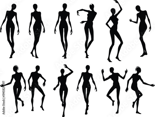 Collection of 10 black silhouette figures in various dance poses on white background