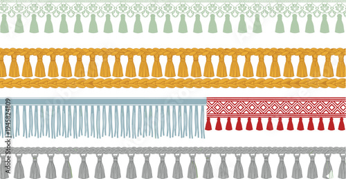 Cartoon decorative fringe trims with tassels and braided patterns symbolizing textile, fashion, and home décor design