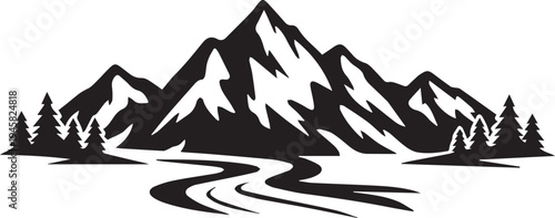 Majestic mountain range with winding river and forest below Vector