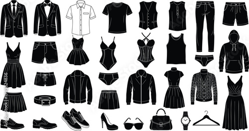 Large Set of Fashion Clothing Icons Featuring Mens and Womens Apparel Accessories Shoes Suits Dresses Jackets and Wardrobe Elements for E-commerce Retail and Style Design