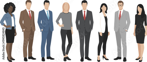Cartoon diverse business team in professional attire symbolizing workplace collaboration, corporate culture, and organizational success design