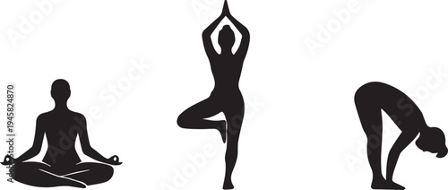 Three fundamental yoga poses for balance, flexibility, and relaxation. Vector