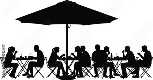 People sitting at outdoor cafe tables silhouettes drinking coffee chatting socializing under umbrella restaurant terrace lifestyle illustration