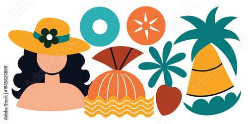 Elegant woman in sun hat with tropical icons and shell illustrations for summer beauty theme