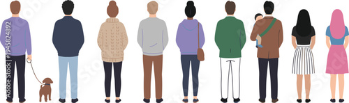 Cartoon diverse people from back view with dog and baby symbolizing family, lifestyle, and community design