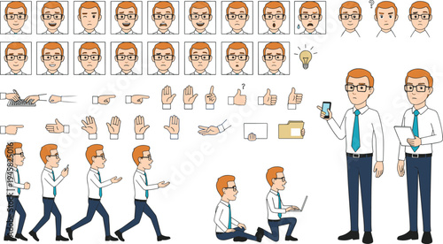 Cartoon male office worker character sheet with facial expressions, gestures, poses, and props for animation design