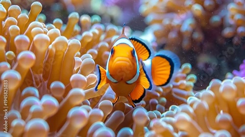 A vibrant clownfish swims gracefully amidst the colorful tentacles of an anemone in the ocean.