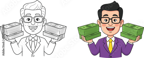 Cartoon man holding stacks of money in line art and colorful version symbolizing wealth, finance, and success design