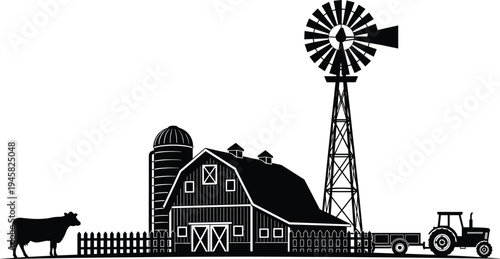 Farm scene barn tractor windmill silhouette vector illustration design graphic, agriculture rural nature art concept, black and white decorative creative collection