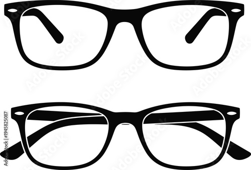 Minimalist black eyeglasses frame vector illustration showing front and top views, classic rectangular optical glasses isolated on light background for vision eyewear fashion design concepts