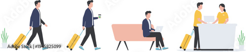Cartoon man traveling with suitcase, coffee, laptop, and hotel reception check‑in process design
