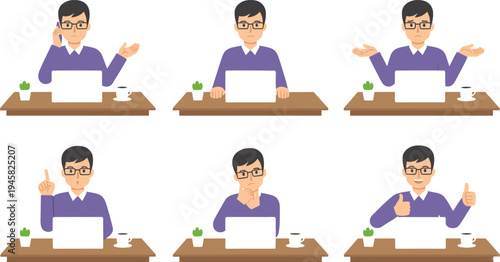 Cartoon office worker at desk showing emotions and gestures with laptop, plant, and coffee cup design