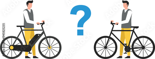 Cartoon people comparing electric bicycle and traditional bicycle symbolizing eco‑friendly transport and lifestyle choice design