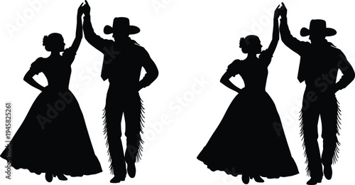 Western dancing couple silhouette vector illustration design graphic, cowboy culture art concept, black and white decorative creative collection