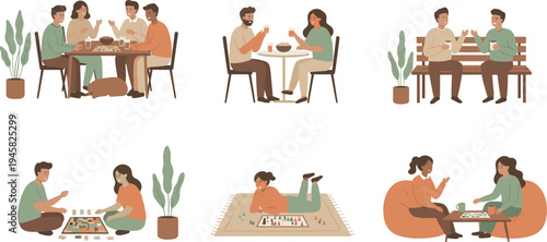 Cartoon people playing board games and socializing with drinks, snacks, and pets in cozy leisure design