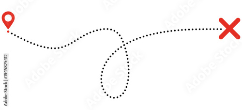 Quest route with map pin and dashed path. Treasure map with red cross mark and line dotted trail. Vector illustration isolated on white.