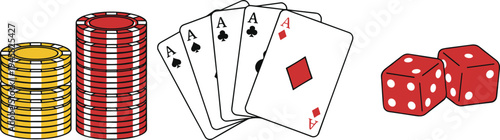 Cartoon poker chips, playing cards, and dice symbolizing casino games, gambling, and entertainment design