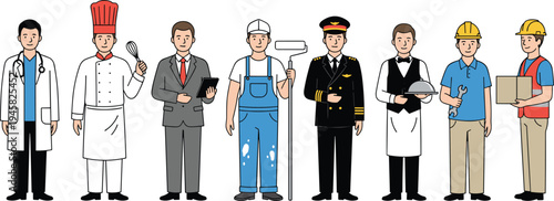 Cartoon professionals in diverse uniforms including doctor, chef, pilot, waiter, and construction worker symbolizing career variety design