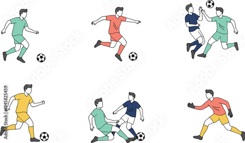 Cartoon soccer players in colorful uniforms running, kicking, tackling, and defending symbolizing sports and teamwork design