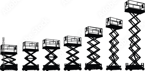 Scissor lift platform silhouettes showing hydraulic lifting equipment stages used for construction maintenance and industrial work illustration set