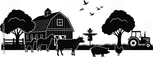 Farm landscape barn tractor animals silhouette vector illustration design graphic, agriculture rural nature art concept, black and white decorative creative collection