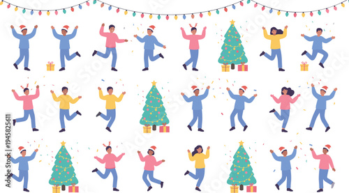 Christmas celebration vector illustration with people dancing, confetti, decorated trees, presents, holiday lights, and festive party
