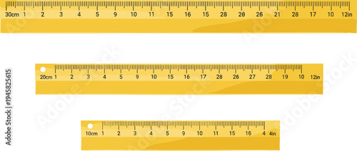 Cartoon yellow measuring rulers with centimeter and inch markings symbolizing precision, metric, and imperial measurement design