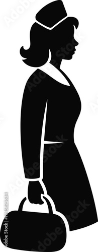 Black silhouette of a vintage flight attendant carrying a handbag, cad drawing flat vector illustration of an elegant airline stewardess.