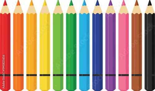 Colored pencils vector illustration with twelve sharpened rainbow colors arranged vertically for art, school, and creative design