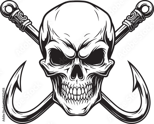 Angry skull with fierce expression, crossed ornate anchors behind, large fishing hooks below, classic pirate danger symbol, detailed black vector illustration for logo, tattoo, emblem.